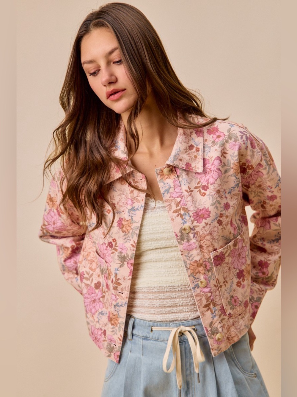 SO ME Floral Print Cotton Twill Button Down Barn Jacket - Picture 2 of 8